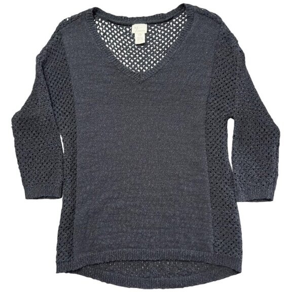 AJ Andrea Jovine Black Open Knit Sweater Top V-Neck Tunic - Picture 2 of 8